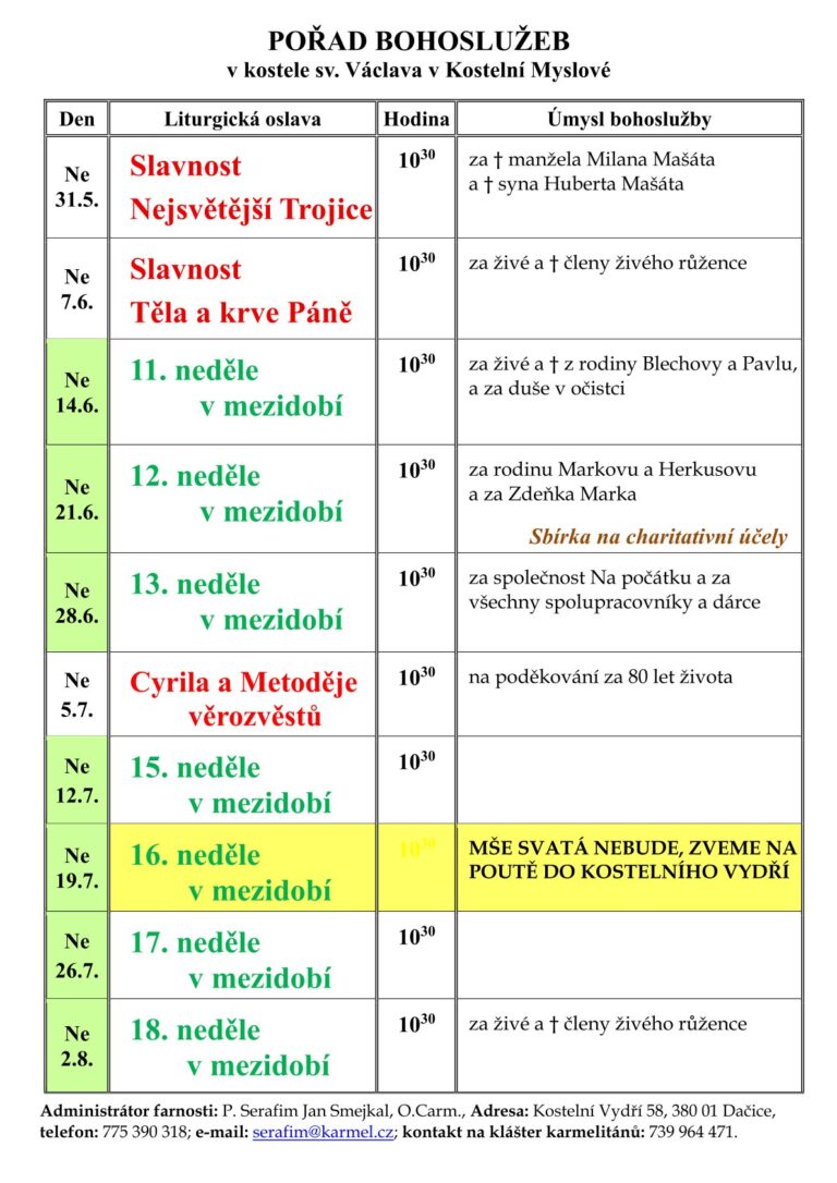 Pořad bohoslužeb červen-červenec