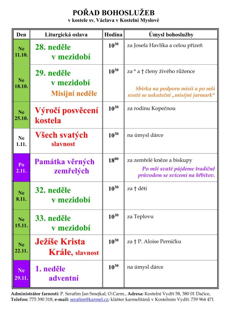 Bohoslužby od 11. 10. do 29. 11.
